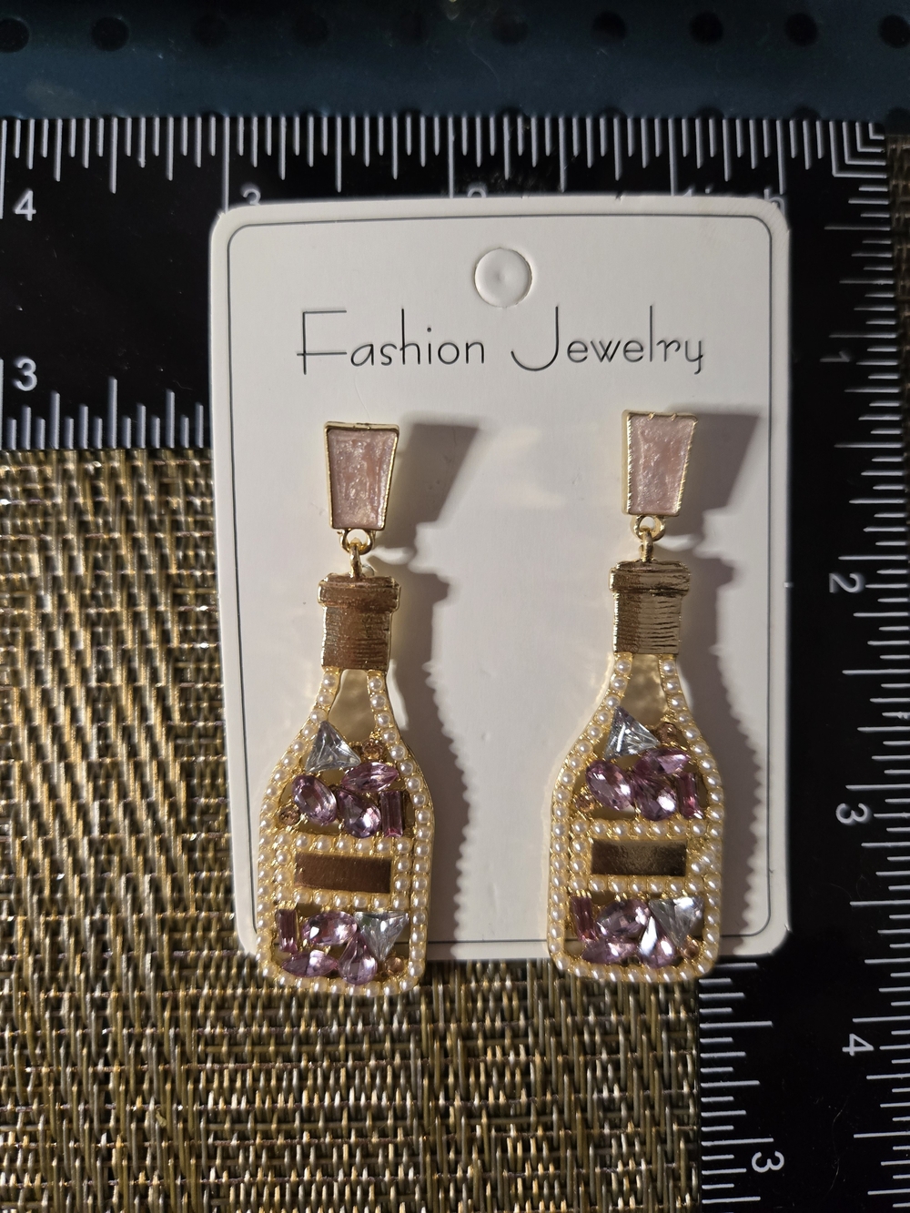 Fashion Jewelry Gold-Tone Pink Crystal Bottle Drop Earrings Wine Champagne - Picture 3 of 4
